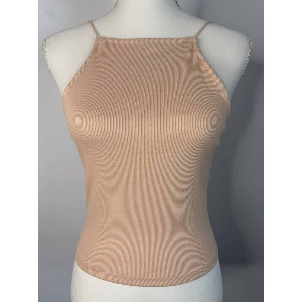 ZARA‎ Women's Large Beige Cropped Ribbed High Neck Halter Top Y2K Clean Girl